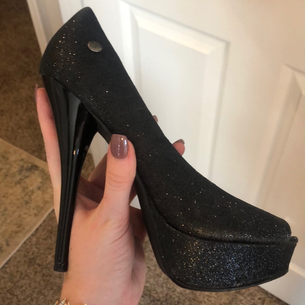 Sparkly black open-toed stilettos
